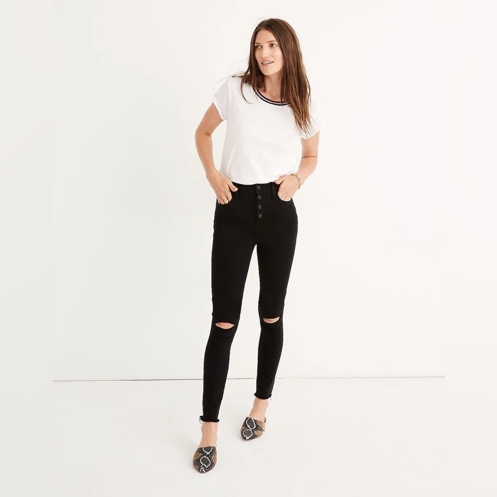 Madewell 10” High Rise Button Fly Jeggings Blown Out Knees 31P Black